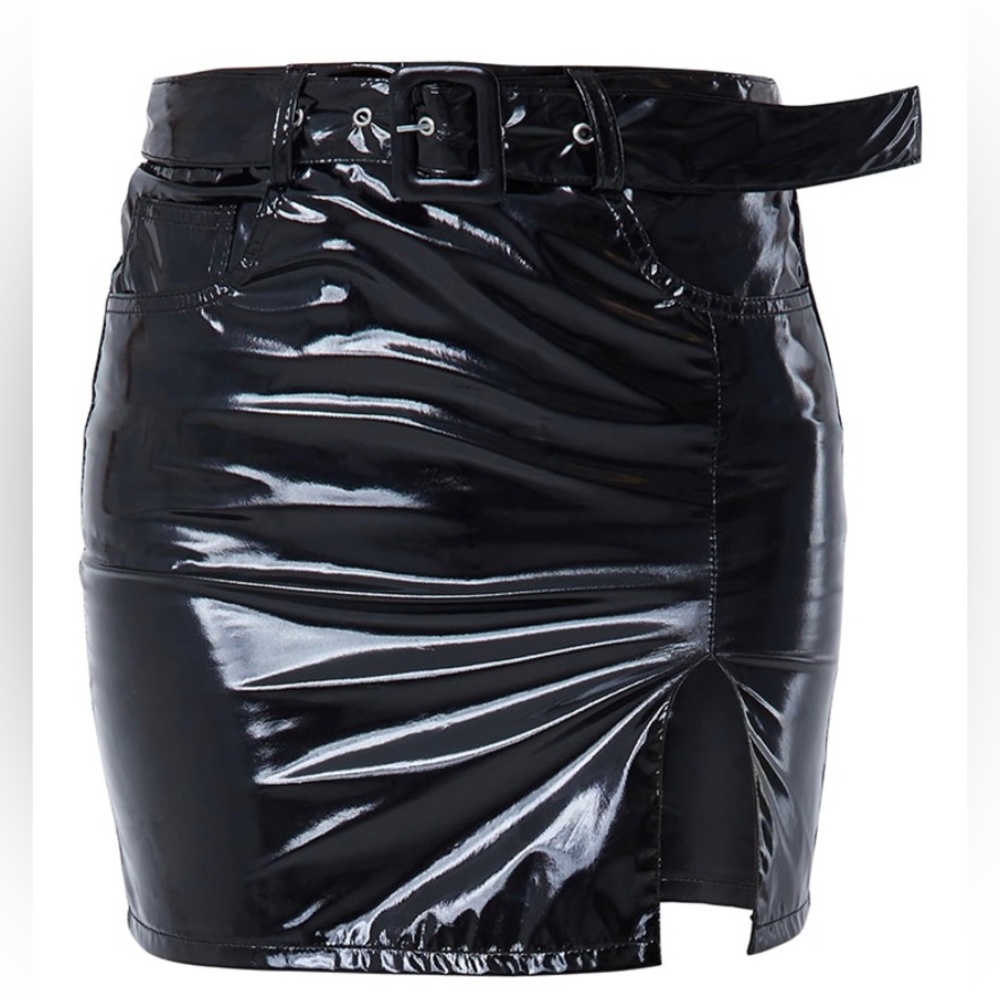 Black Vinyl Belted Mini Skirt